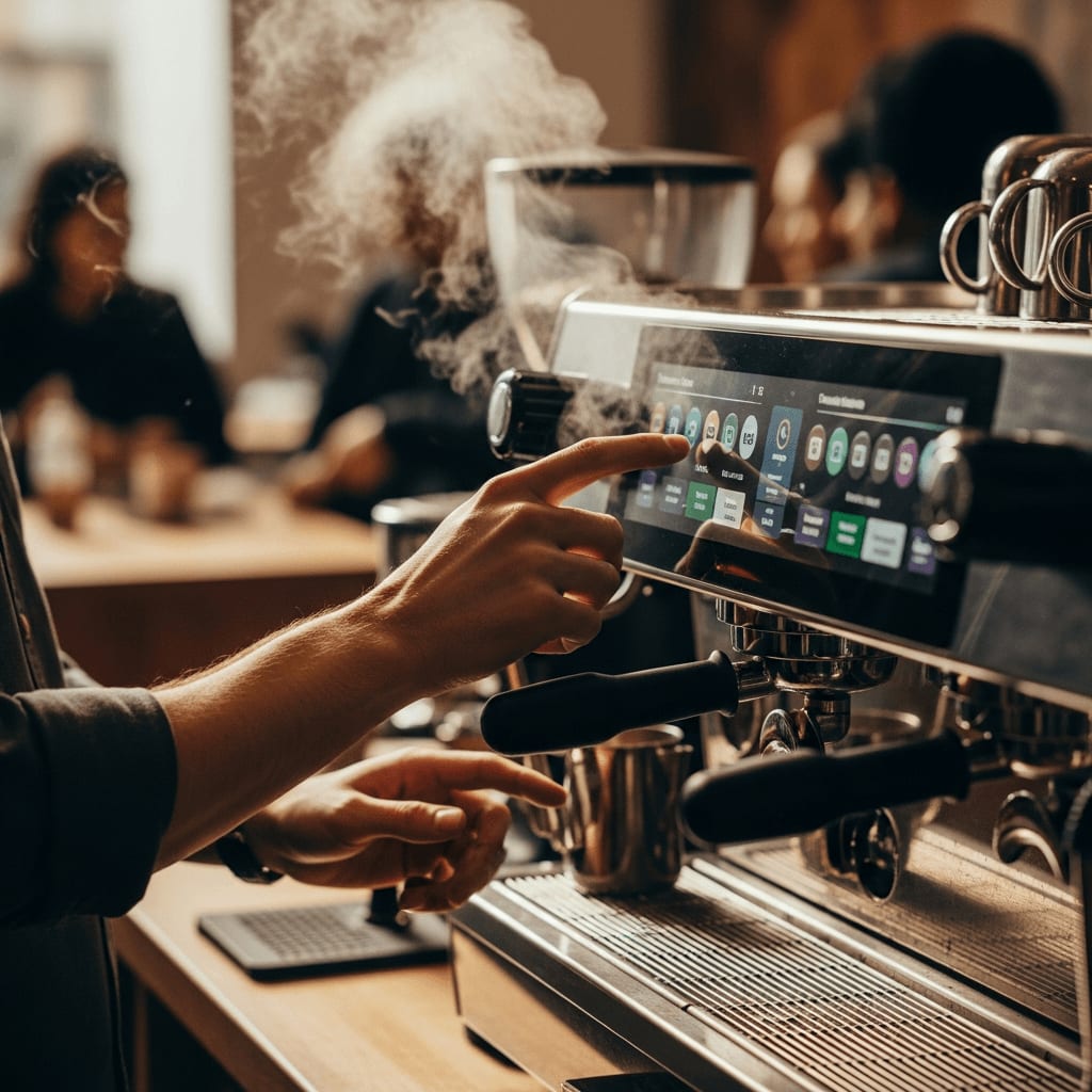 Barista bedient eine smarte Kaffeemaschine mit digitaler Oberfläche und passt Brühparameter an.