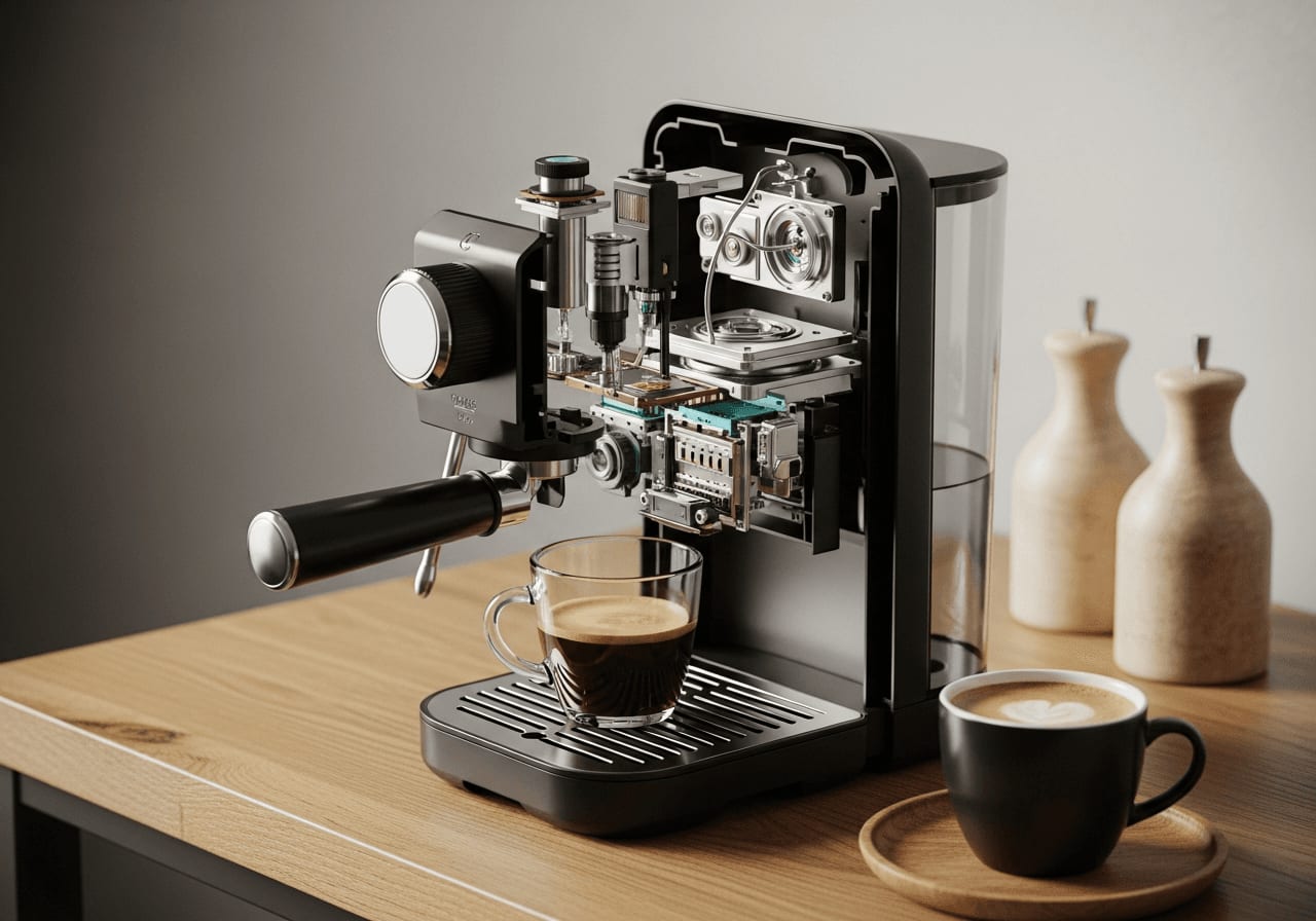 Explosionsdarstellung einer smarten Kaffeemaschine mit Sensoren und Komponenten als technische Illustration.
