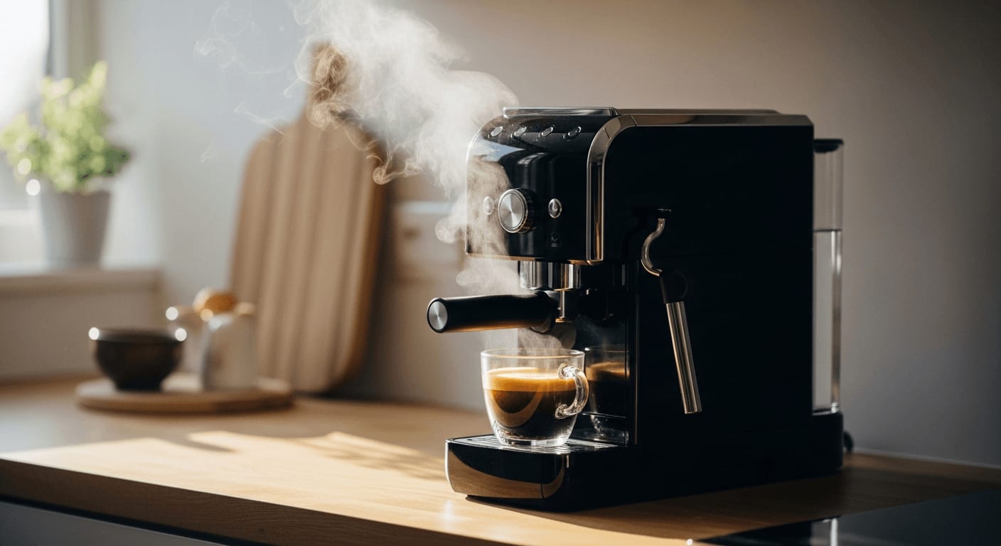 Schlanke smarte Kaffeemaschine auf einer Küchentheke mit Espresso und Dampf.