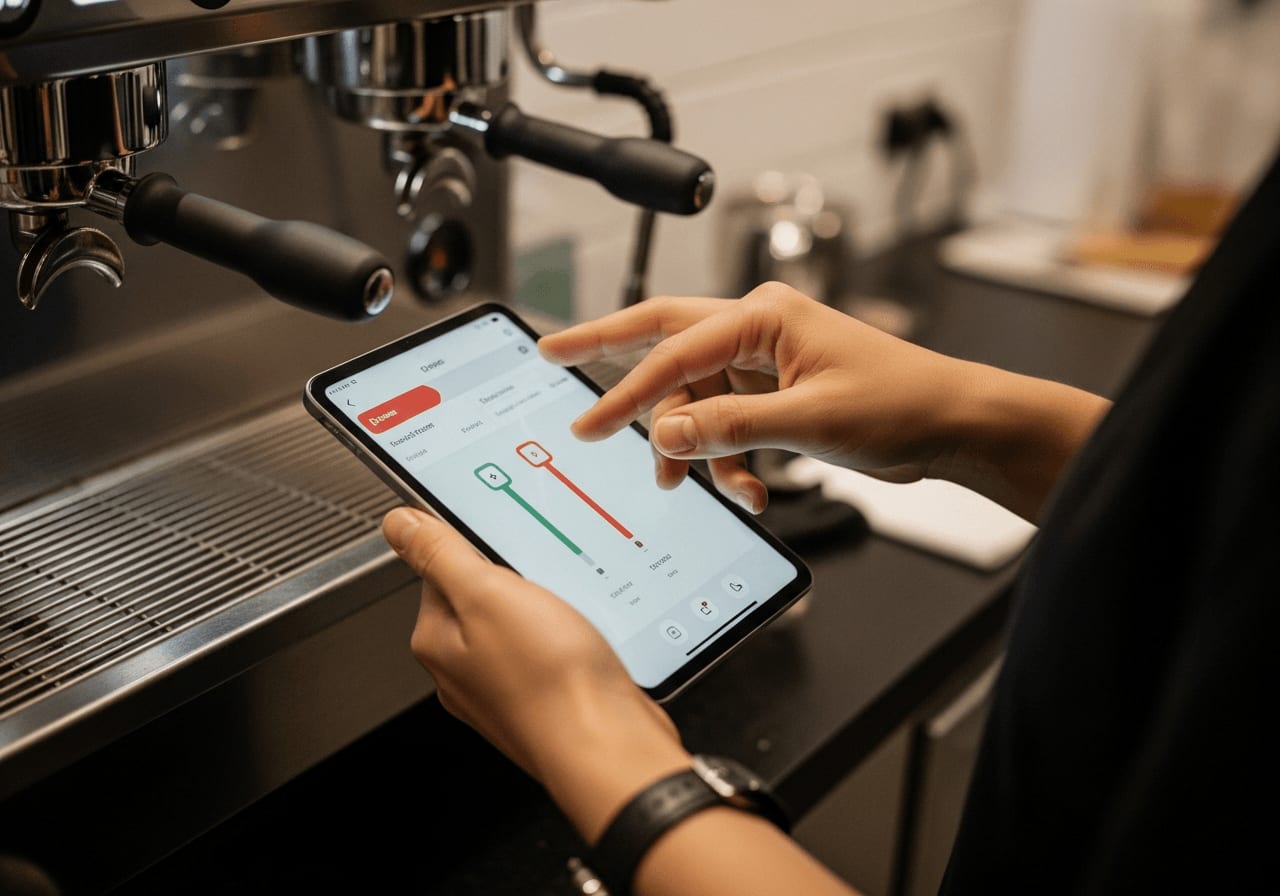 Barista verwendet ein Tablet, um die Brühparameter an einer intelligenten Espressomaschine anzupassen, Nahaufnahme der Tablet-Oberfläche, geringe Schärfentiefe