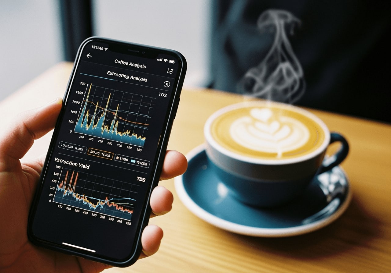 Eine Hand, die ein Smartphone hält, das ein Kaffeebrau-Analyse-Diagramm anzeigt, eine Tasse Kaffee im Hintergrund, natürliches Licht