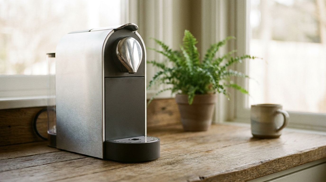 Eine moderne, energieeffiziente kleine Kaffeemaschine auf einer Küchentheke, die Nachhaltigkeit und bewussten Kaffeegenuss symbolisiert.
