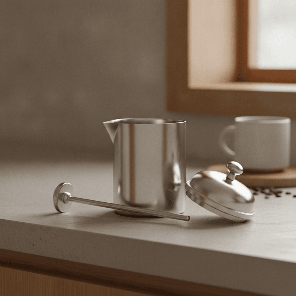 Eine kleine Kaffeemaschine aus Edelstahl, eine French Press, die durch ihre Robustheit und einfache Reinigung überzeugt.