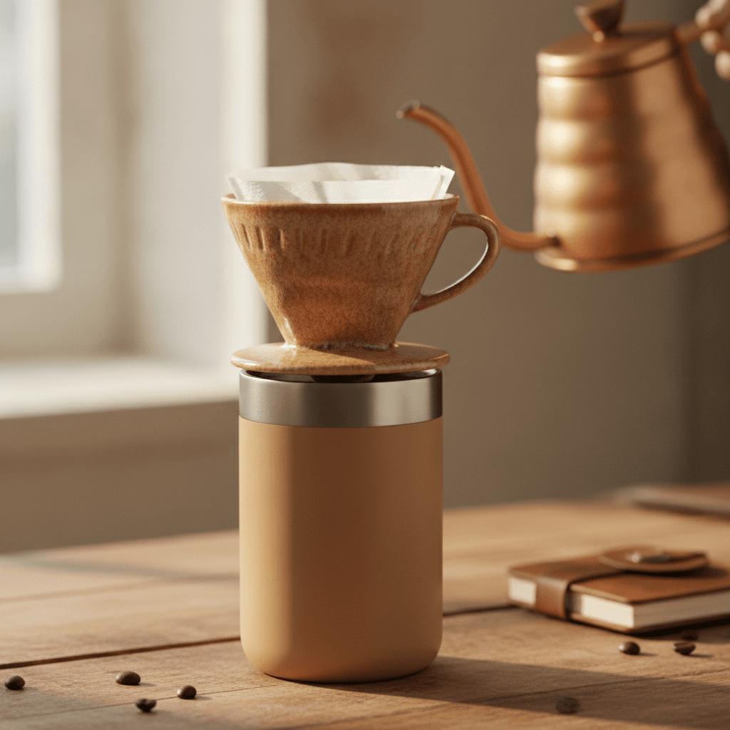 Kleine Kaffeemaschine für unterwegs: ein einfacher Pour-Over-Filter aus Keramik, perfekt für schnellen und unkomplizierten Kaffee.