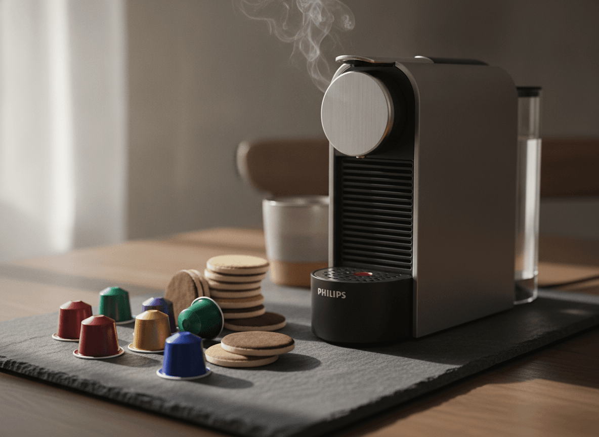 Bunte Vielfalt an Kaffee-Kapseln und Pads für eine kleine Kaffeemaschine, die Flexibilität für Singles bietet.