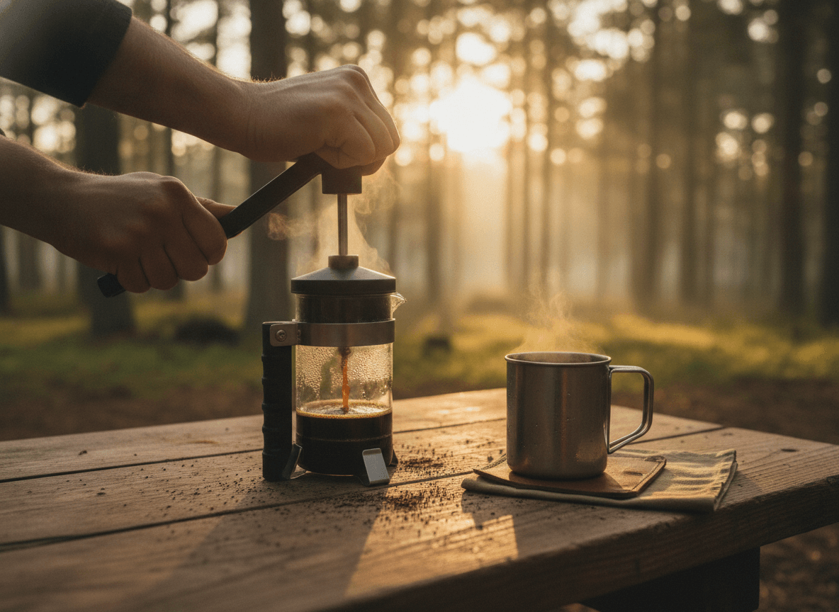 Eine robuste, kleine Kaffeemaschine für unterwegs auf einem Campingtisch, ideal für frischen Kaffee beim Camping oder im Urlaub.