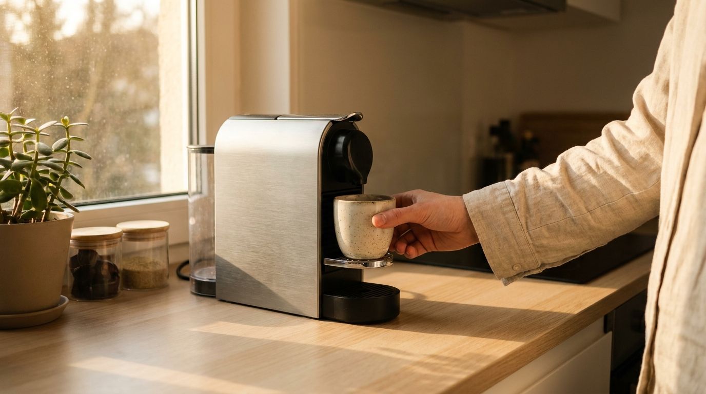 Eine kleine Kaffeemaschine für Singles steht in einer sonnigen Küche, perfekt für den ersten Kaffee am Morgen.