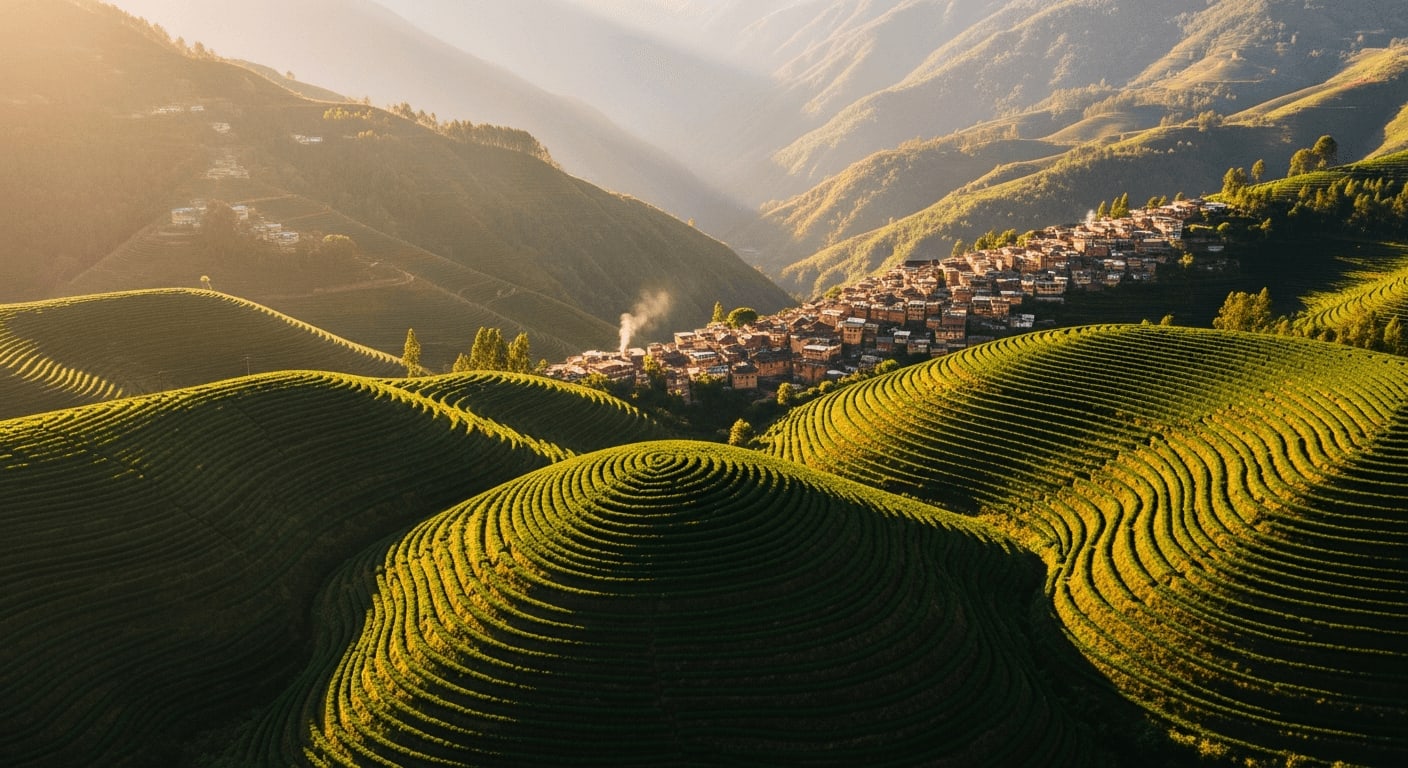 Luftaufnahme von terrassierten Kaffeeplantagen in einer Bergregion, kleines Dorf in der Ferne, warmes Sonnenlicht, Drohnenfotografie