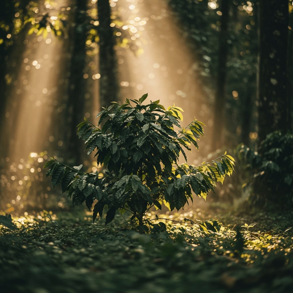 Kaffeepflanzen wachsen im Schatten höherer Bäume in einem Agroforstsystem, Sonnenlicht filtert durch das Blätterdach, üppige grüne Vegetation