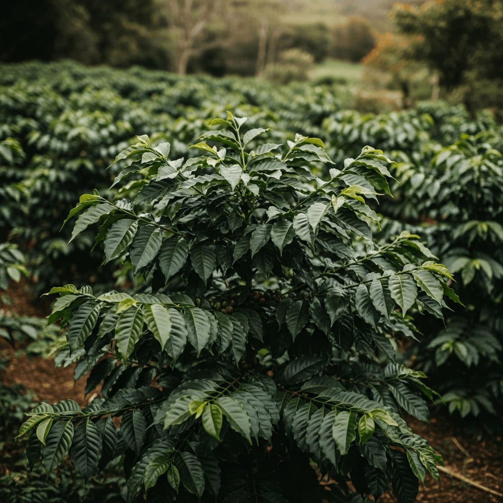 Verschiedene Pflanzen und Bäume wachsen zusammen auf einer Agroforst-Kaffeefarm, Fokus auf die Vielfalt der Blattformen und -texturen, natürliche Beleuchtung