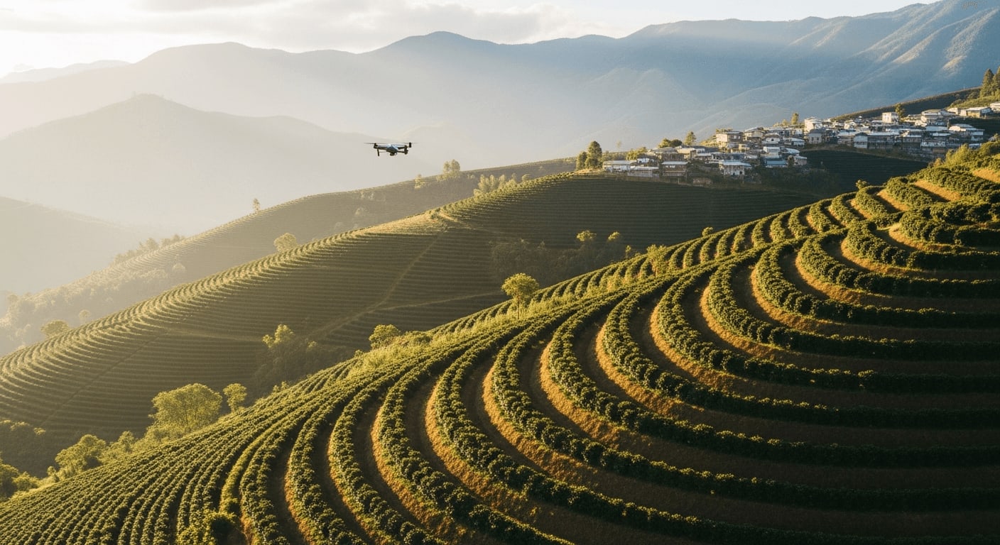 Luftaufnahme von terrassierten Kaffeeplantagen in einer Bergregion, kleines Dorf in der Ferne, warmes Sonnenlicht, Drohnenfotografie