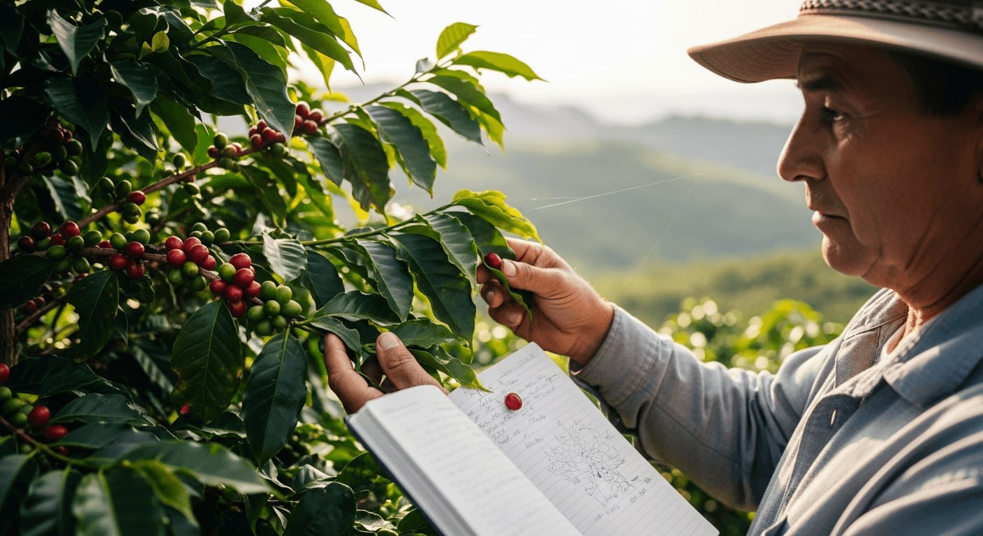 Ein Bauer inspiziert Kaffeepflanzen an einem Hang, trägt einen Hut und hält ein Notizbuch, Sonnenlicht filtert durch die Blätter