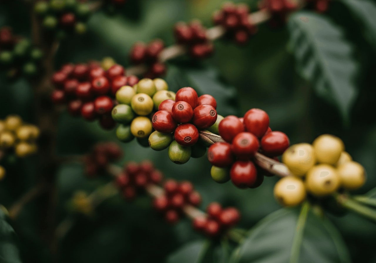 Nahaufnahme von Kaffeekirschen verschiedener Sorten, die nebeneinander wachsen und ihre Widerstandsfähigkeit zeigen, Makroobjektiv