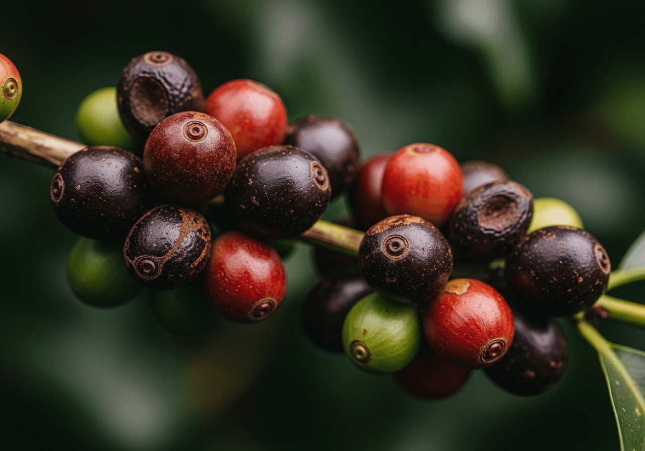 Nahaufnahme von Kaffeekirschen, die von Kaffeerost befallen sind, die die verheerenden Auswirkungen von Pilzinfektionen auf Kaffeekulturen zeigen, Makroobjektiv