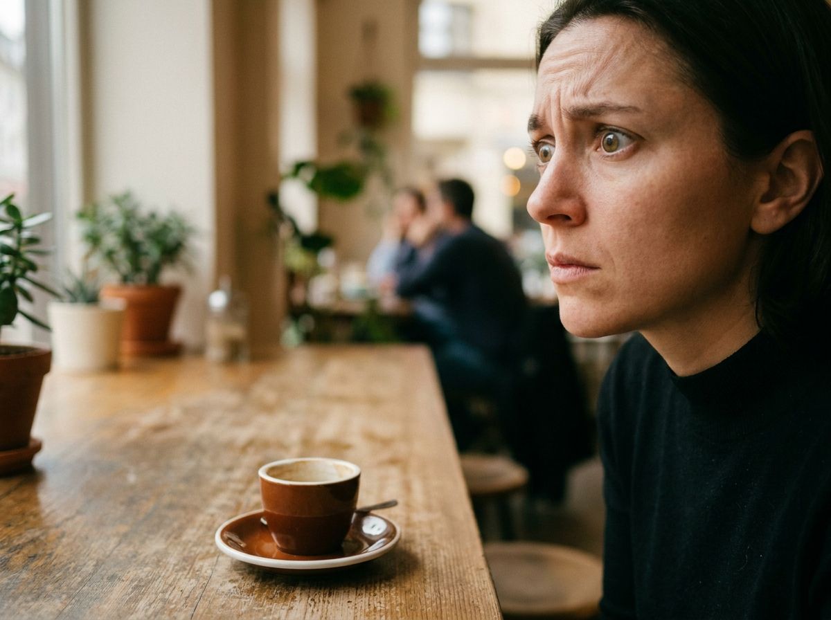 Eine Person zeigt Anzeichen von Nervosität, eine der häufigsten Koffein Nebenwirkungen nach übermäßigem Konsum.