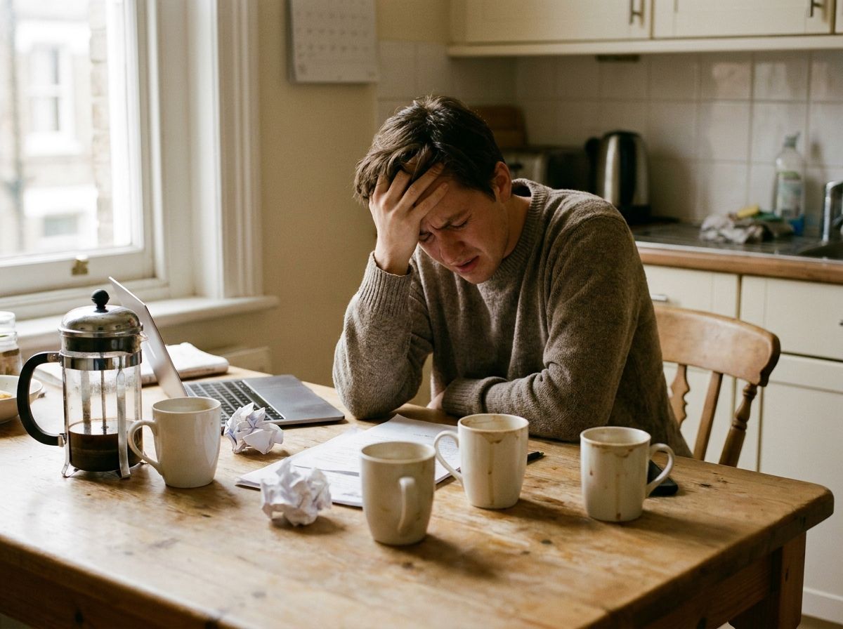 Person mit Kopfschmerzen durch zu viel Kaffee, ein klares Anzeichen für negative Koffein Nebenwirkungen.
