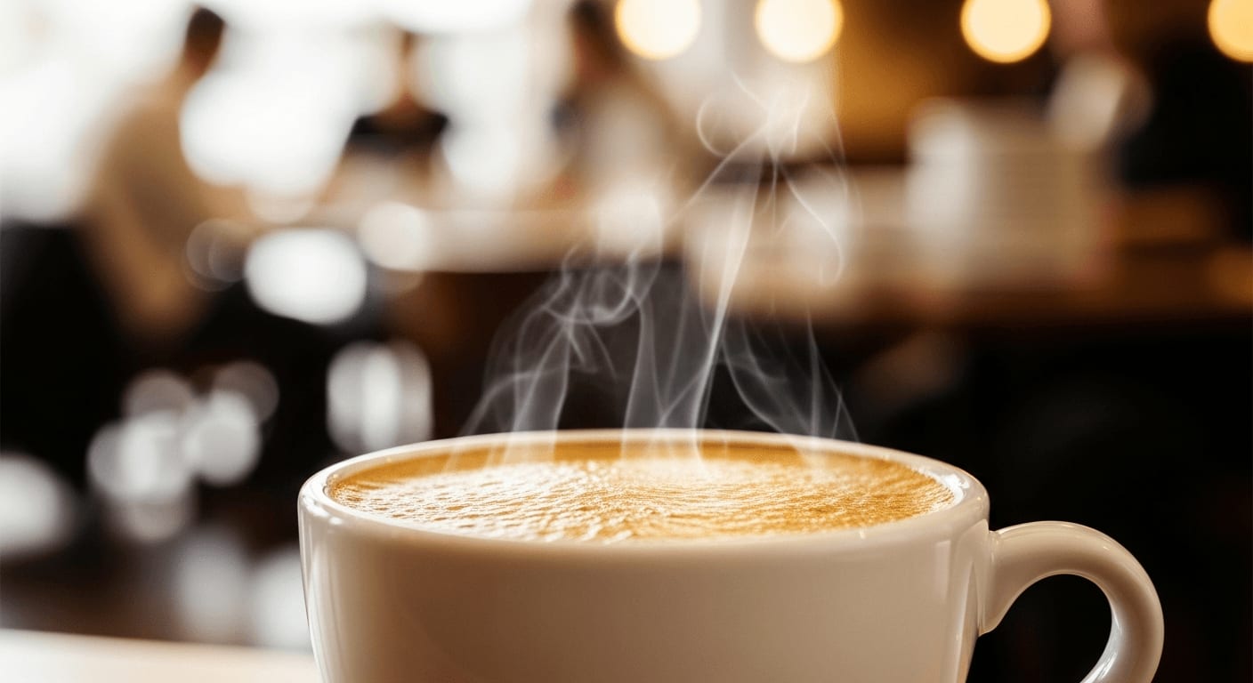 Dampfende Tasse Espresso mit sichtbarer Crema, verschwommener Hintergrund eines belebten Cafés, Bokeh