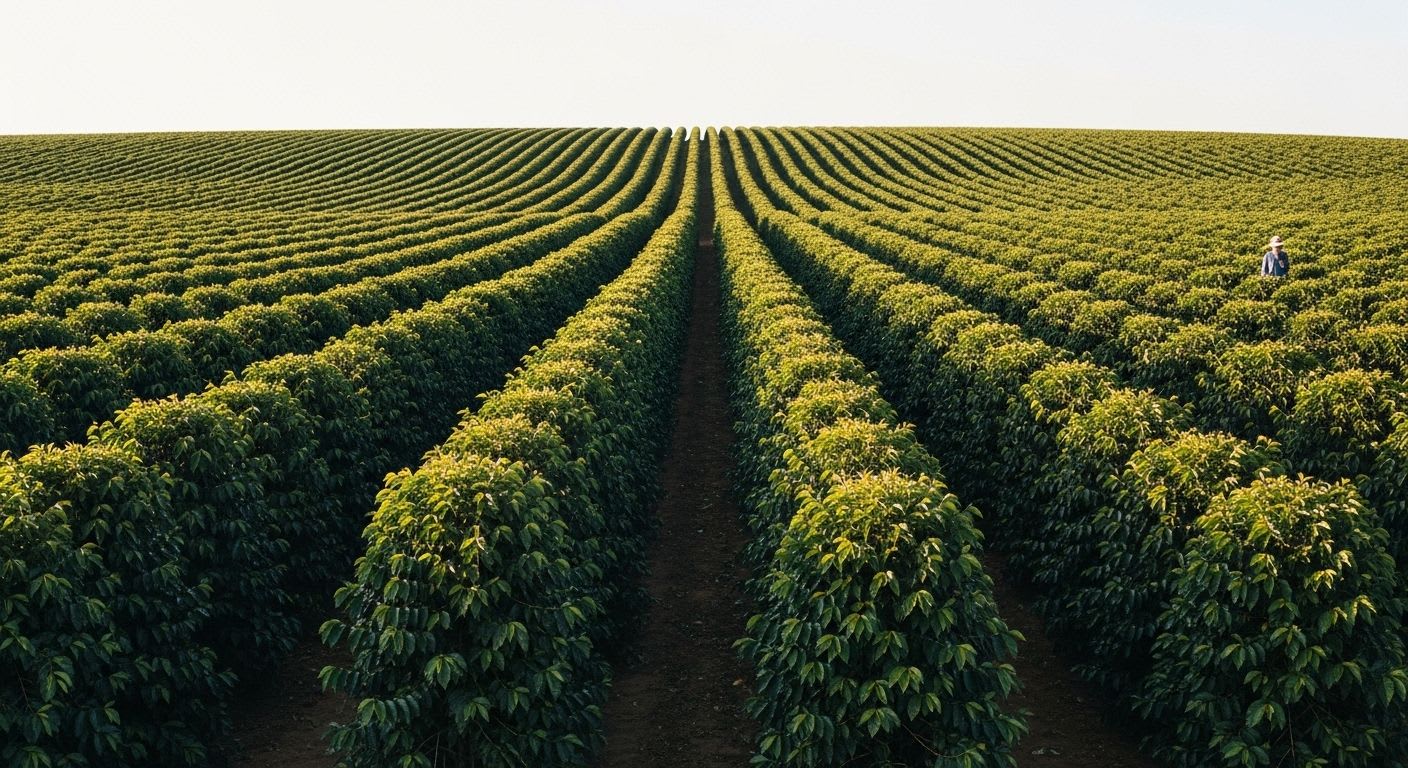 Weitläufige brasilianische Kaffeeplantage unter blauem Himmel, die den massiven Kaffeeanbau des Landes veranschaulicht.