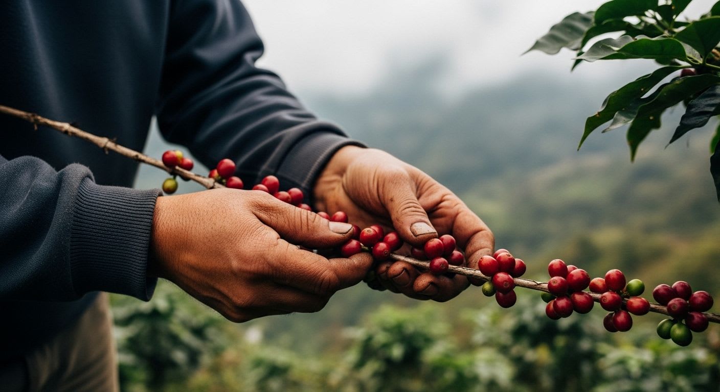 Selektive Handernte von Kaffeekirschen, ein besonderes Merkmal des qualitätsorientierten Kaffeeanbaus in Kolumbien.
