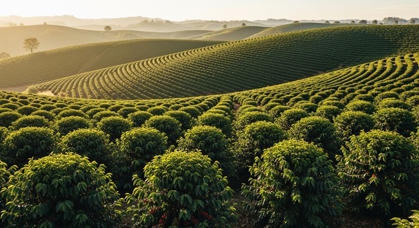 Weitläufige Kaffeeplantage mit grünen Hügeln als Symbol für den globalen Kaffeeanbau in Kolumbien, Brasilien und Vietnam.