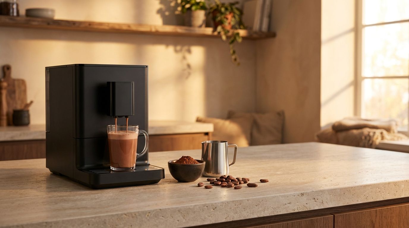 Kaffeevollautomat bereitet heiße Schokolade in einem Glas zu, daneben Kakaopulver und Milchkännchen