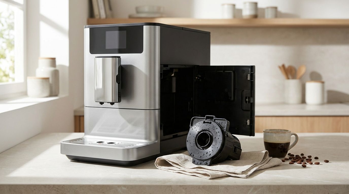 Kaffeevollautomat mit geöffneter Seitentür, daneben die herausgenommene Brühgruppe auf einem Küchentuch