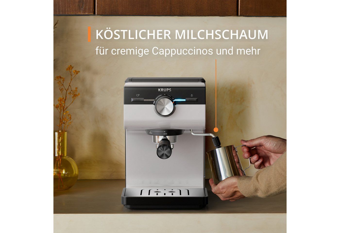 Krups Espressomaschine XP381B Authentic, Siebtäger, intuitives Bedienfeld, Milch-Aufschäumdüse, 2 Siebeinsätze grau