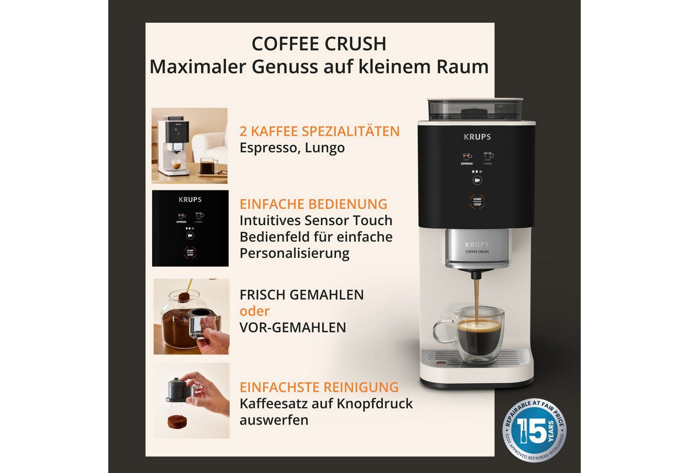 Krups Kaffeevollautomat Coffee Crush SA4001 für Espresso & Lungo, platzsparend mit 15 cm Breite, frisch gemahlene Bohnen oder vor-gemahlen, einfache Reinigung weiß