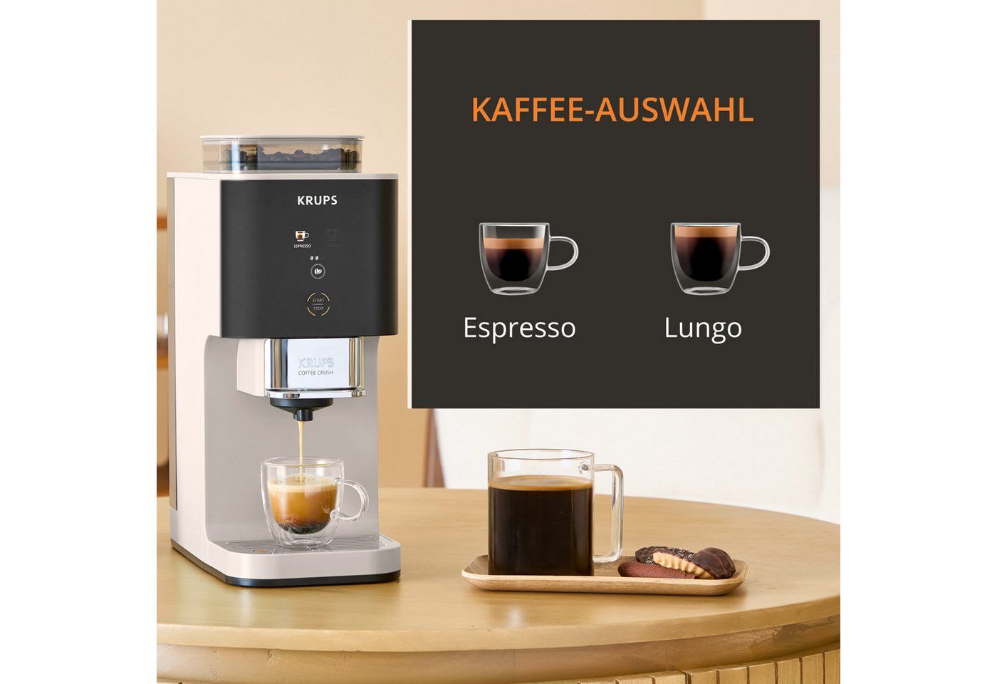 Krups Kaffeevollautomat Coffee Crush SA4001 für Espresso & Lungo, platzsparend mit 15 cm Breite, frisch gemahlene Bohnen oder vor-gemahlen, einfache Reinigung weiß