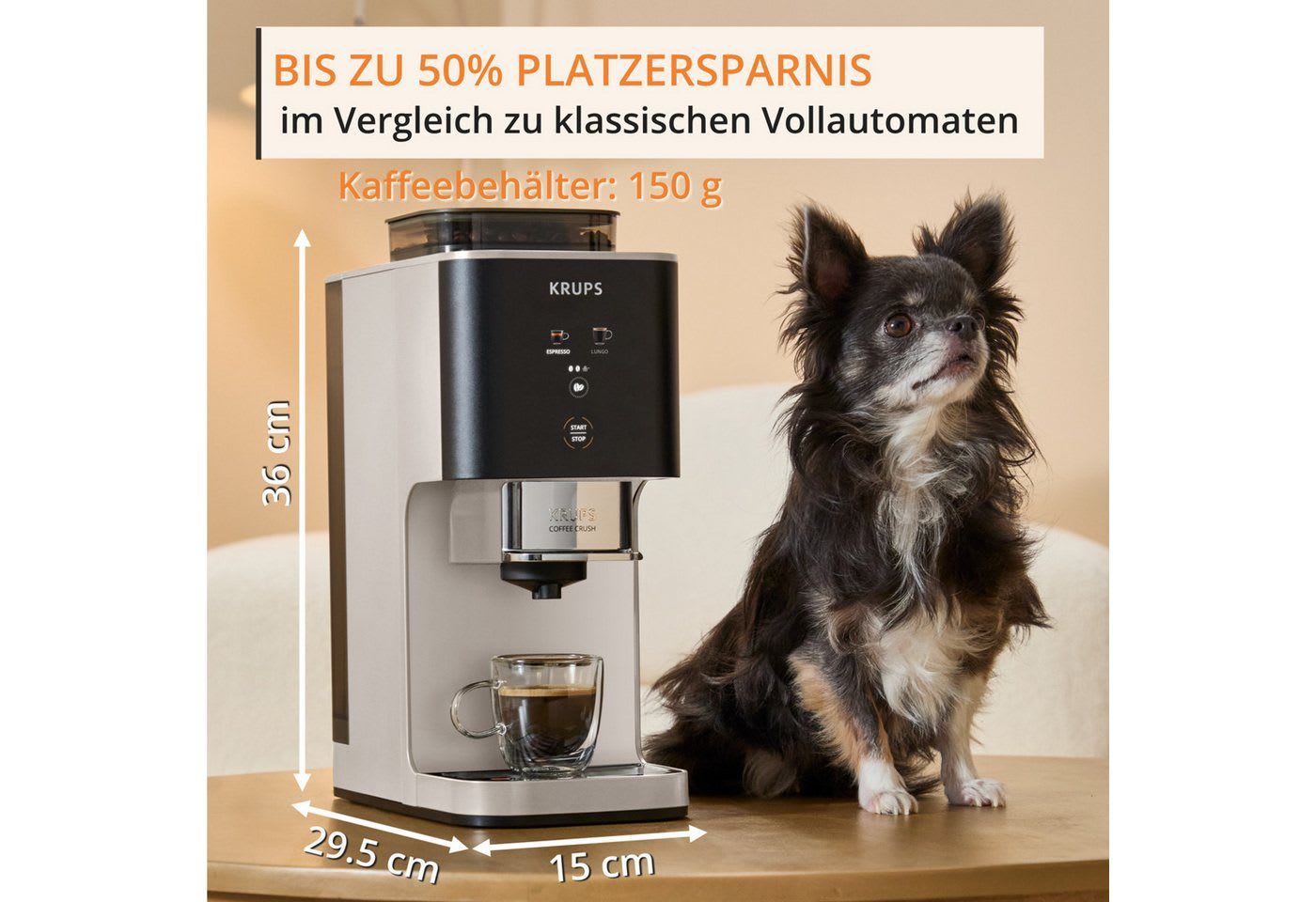 Krups Kaffeevollautomat Coffee Crush SA4001 für Espresso & Lungo, platzsparend mit 15 cm Breite, frisch gemahlene Bohnen oder vor-gemahlen, einfache Reinigung weiß