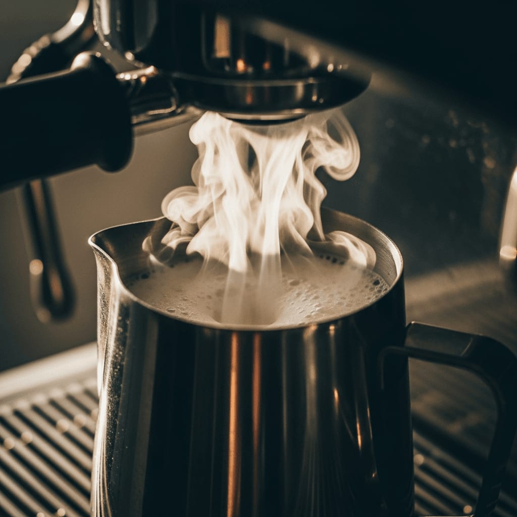 Milchkännchen unter der Dampflanze beim Aufschäumen der kalten Milch für perfekten Mikroschaum.