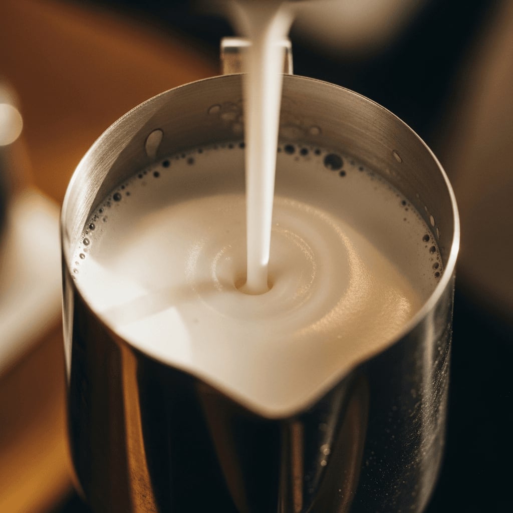 Perfekter Mikroschaum im Kännchen mit glänzender, bläschenfreier Oberfläche für Latte Art Anfänger.