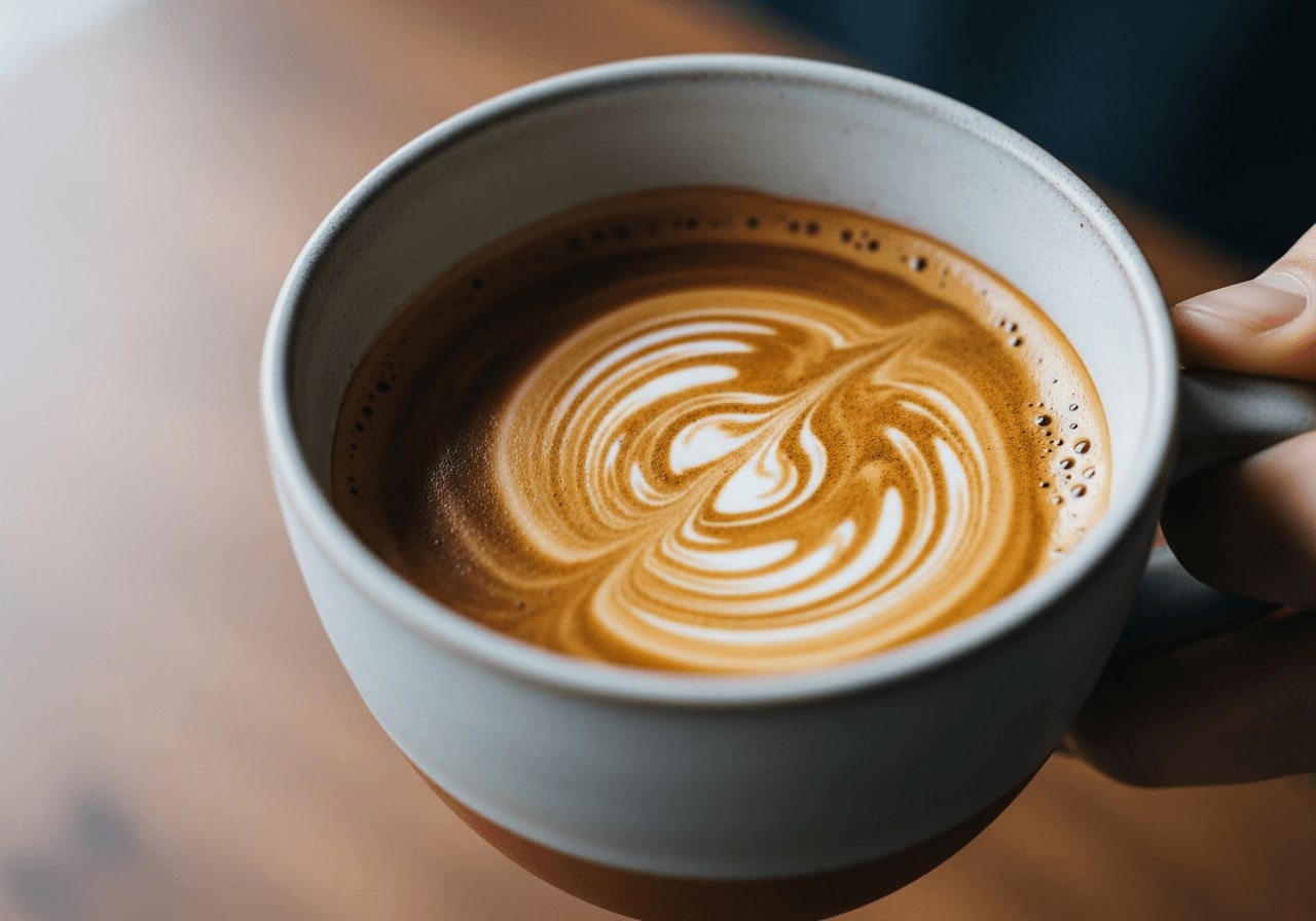 Leicht geneigte Keramiktasse mit dicker, getigerter Espresso-Crema als optimale Basis für Latte Art.