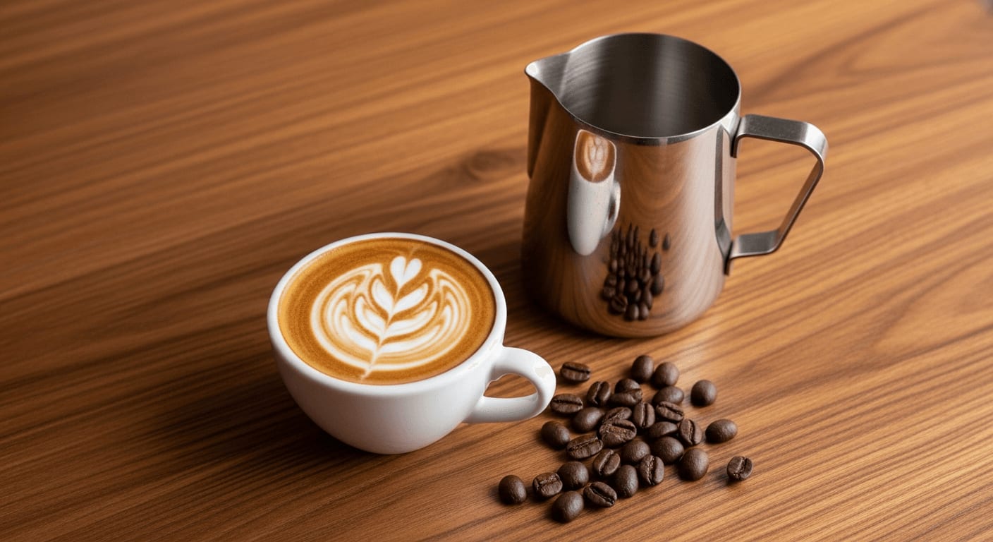 Perfekte Latte Art Rosette in einer Kaffeetasse neben einem Milchkännchen auf Holztisch für Anfänger.
