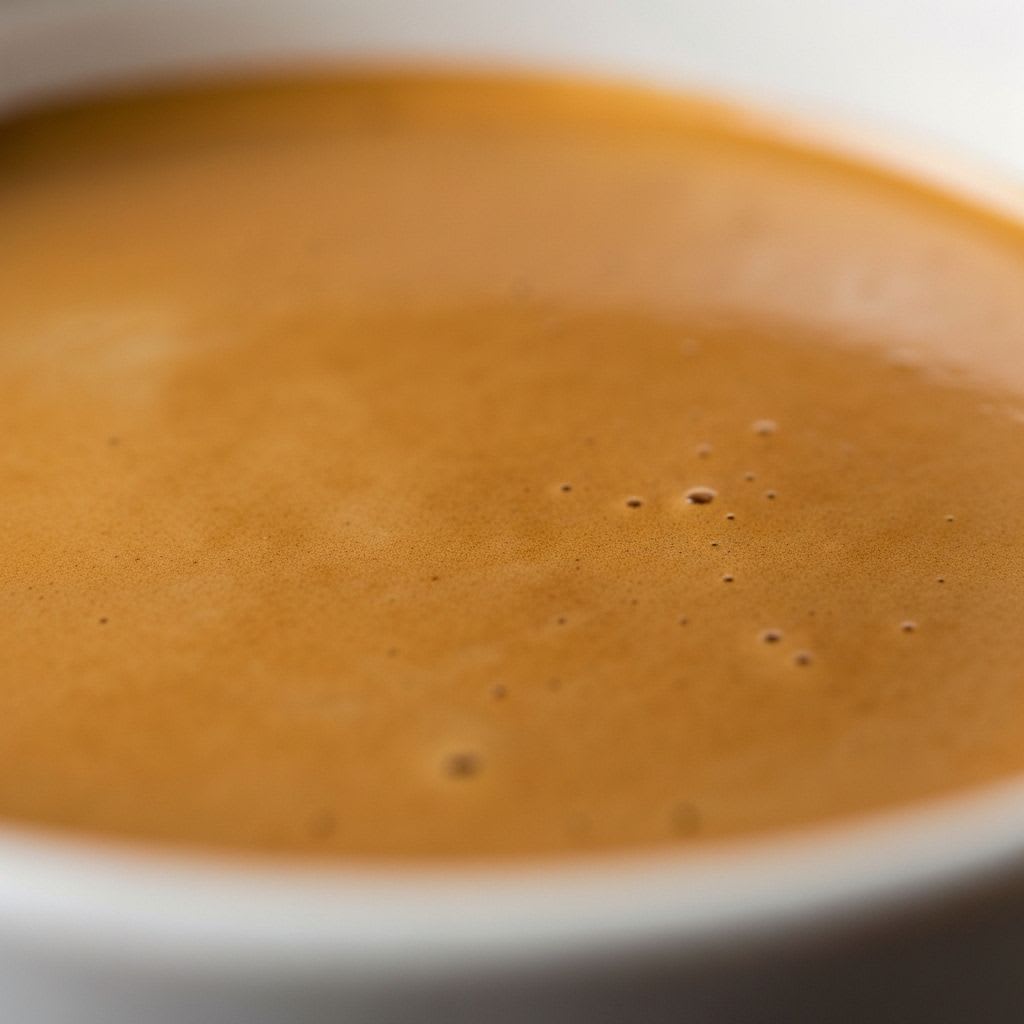 Nahaufnahme eines perfekt extrahierten Espresso mit dicker, haselnussbrauner Crema, die Leinwand für Latte Art.