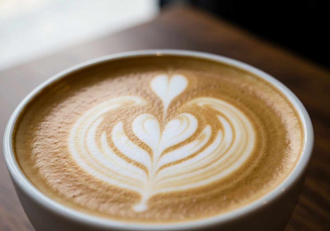 Ansicht von oben auf ein Latte Art Herz-Muster in einer weißen Cappuccino-Tasse auf Holztisch, ideal für Latte Art Anfänger.