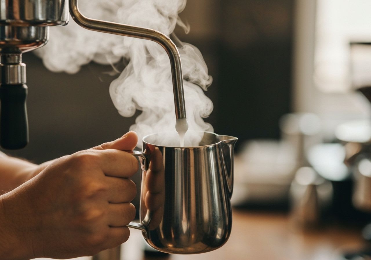 Barista-Hände schäumen Milch in einem Milchkännchen mit der Dampflanze einer Siebträgermaschine, essenziell für Latte Art lernen.