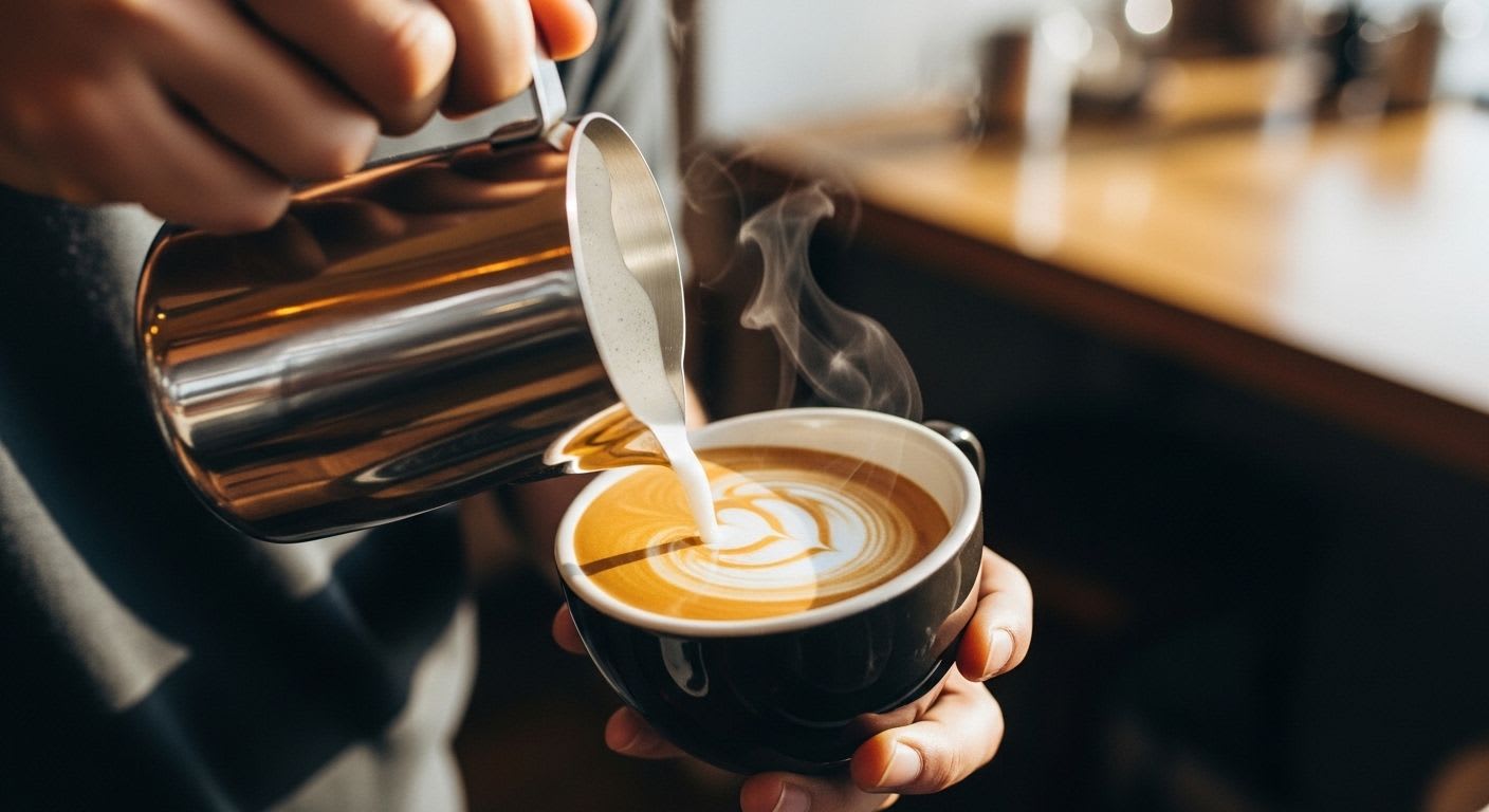Ein Barista gießt Milchschaum in eine Tasse Espresso, eine Schritt-für-Schritt-Anleitung um Latte Art zu lernen.