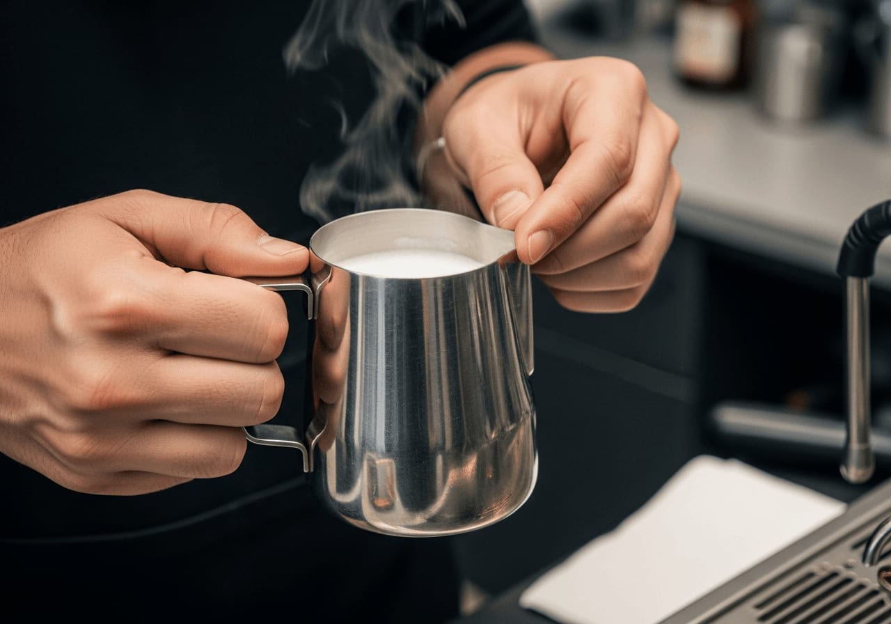 Hände eines Baristas beim Milchaufschäumen für Latte Art, perfekter Mikroschaum entsteht im Edelstahlkännchen. | Foto: Mohamed Shaffaf
