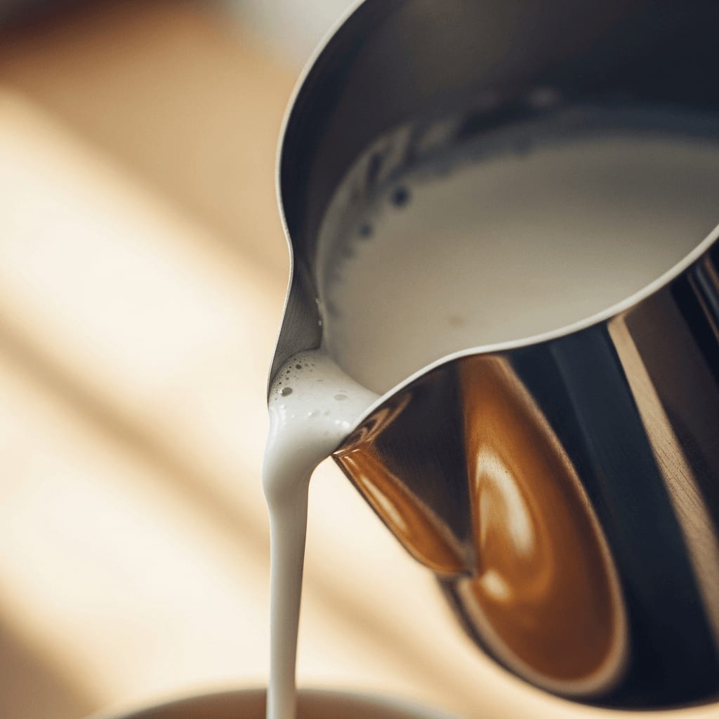 Klassisches Latte Art Werkzeug: Milchkännchen mit runder Tülle gießt dichten weißen Milchschaum für einfache Kaffeemuster