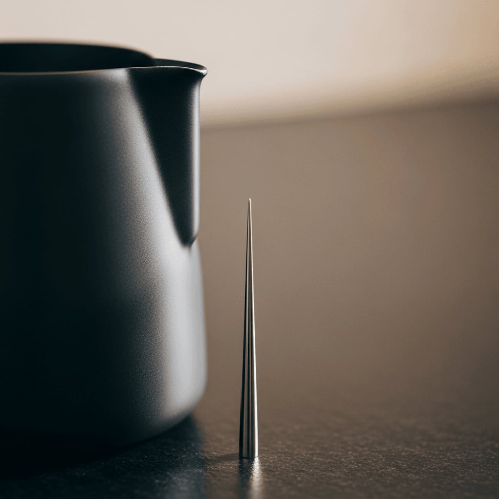 Spezielles Latte Art Kännchen: Pitcher mit sehr spitzer, nadelartiger Tülle für feine und komplexe Kaffeemuster