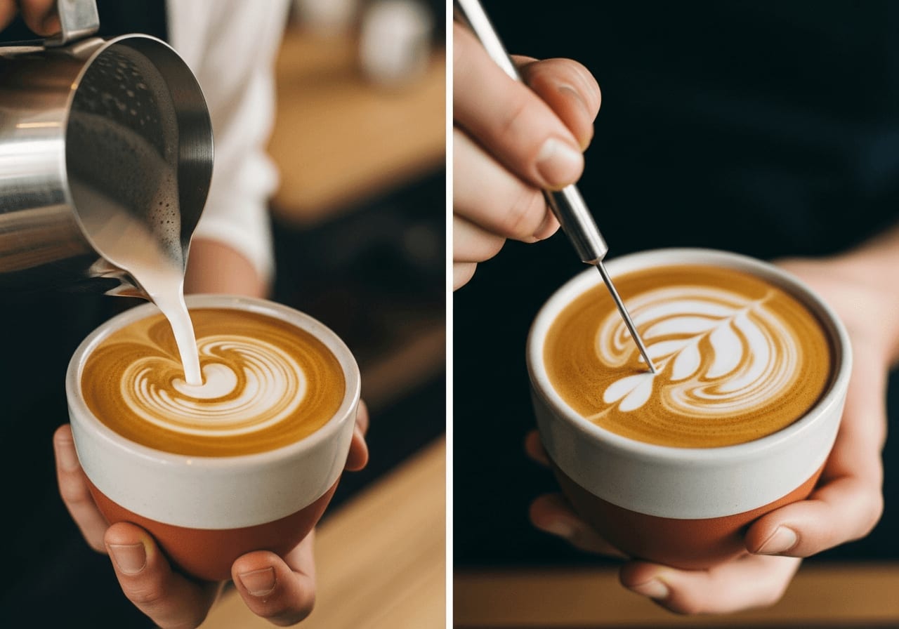 Etching vs Free Pouring: Vergleich der Latte Art Werkzeuge beim direkten Eingießen aus dem Kännchen und der Nachbearbeitung mit Stift
