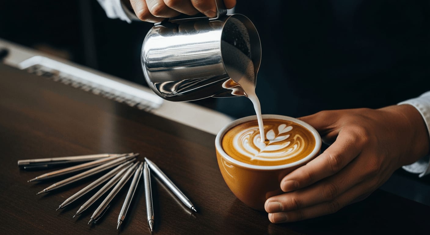 Welches Latte Art Werkzeug? Barista gießt Milchschaum aus Pitcher neben bereitliegendem Pen-Set auf einem dunklen Tresen
