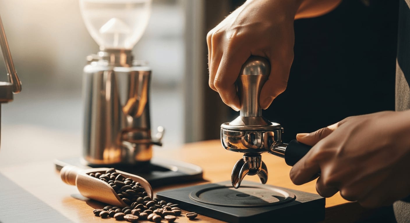Barista tampt sorgfältig frisch gemahlenen Espresso in einem Siebträger, mit Kaffeemühle und Bohnen im Hintergrund, warme Café-Atmosphäre