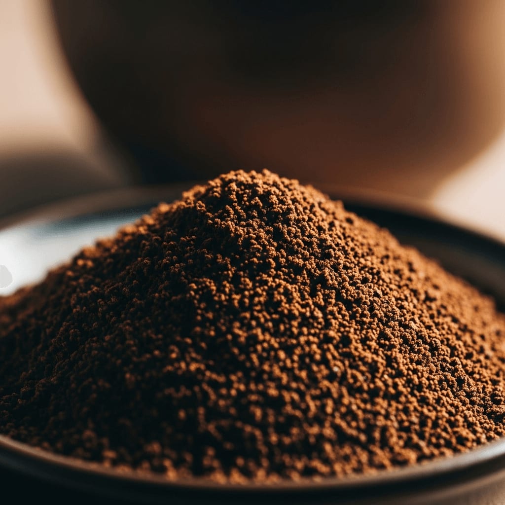Nahaufnahme von grob gemahlenen Kaffeebohnen in einer kleinen Schüssel, zeigt die Textur und Größe, natürliches Licht