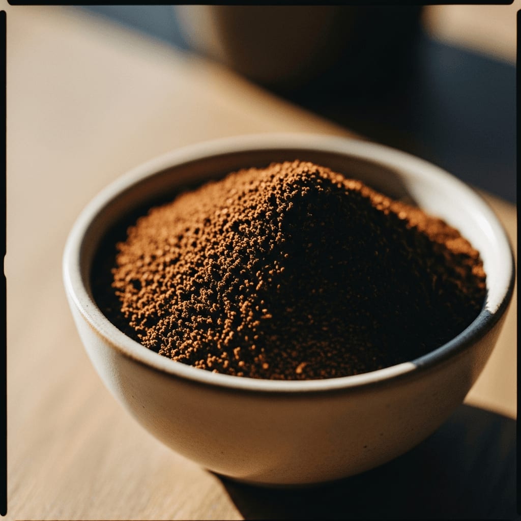 Nahaufnahme von mittel gemahlenen Kaffeebohnen in einer kleinen Schüssel, zeigt die Textur und Größe, natürliches Licht