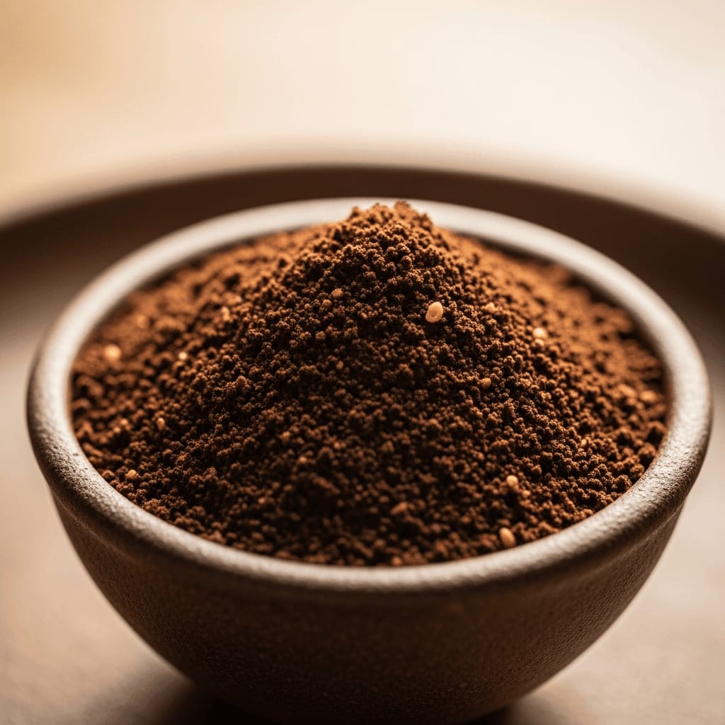 Nahaufnahme von fein gemahlenen Kaffeebohnen in einer kleinen Schüssel, zeigt die Textur und Größe, natürliches Licht