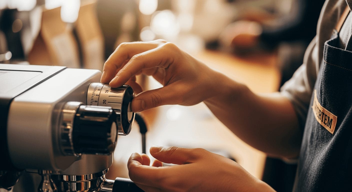 Nahaufnahme eines Barista, der den Mahlgrad einer Kaffeemühle in einem Café einstellt, weiche Beleuchtung, Fokus auf den Mühle-Einstellungen