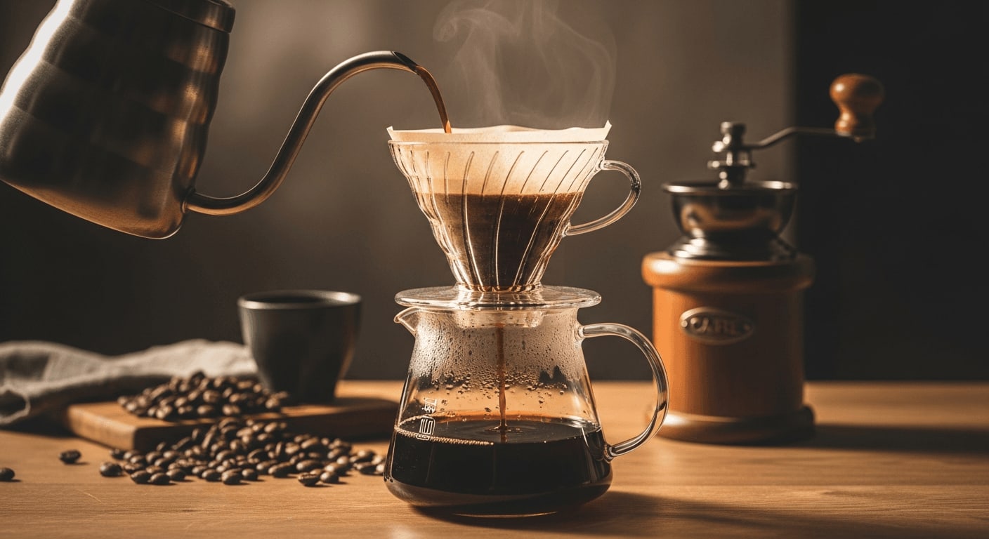 Zubereitung von Pour Over Kaffee in einen Glas-Server, Kaffeebohnen und Mühle im Hintergrund