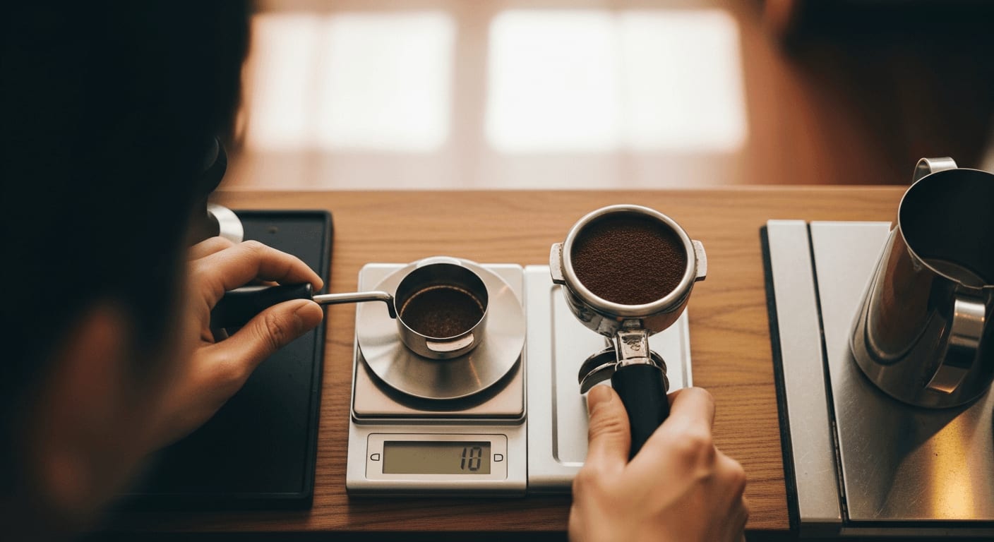 Overhead shot of a barista carefully weighing a dose of freshly ground coffee, with a precision scale and a portafilter in the frame, shallow depth of field